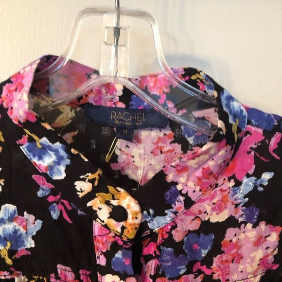 RACHEL ROY SIZE MEDIUM NWOT BLACK FLORAL CROPPED BUTTON FRONT PEASANT BOHO TOP - Picture 6 of 10